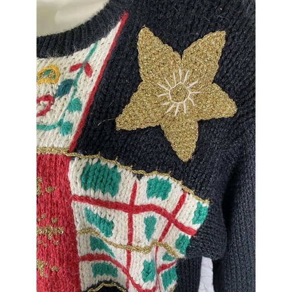 Cabin Creek Chunky Knit Christmas Tree Shoulder Pad Jingle Bell Beaded Sweater L - Picture 6 of 9